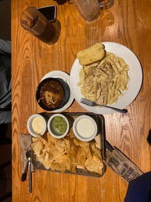 Cajun pasta, chili bowl, dip trio