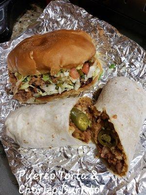 Puerco Torta & Chorizo Burrito with their sauces; red & green