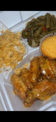 Butter rice over gravy w/baked wings (all flats ) green beans with white potatoes & smoked turkey meat , honey corn bread muffin