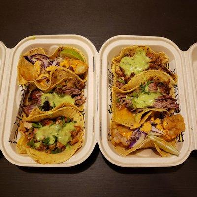 Fried fish, pulled pork, smoked chicken tacos