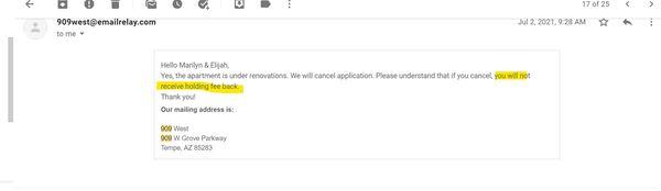Email proving our apartment wouldn't be ready in time and that only our holding fee wouldn't be returned.