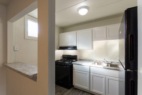 This is the kitchen of a 550 sq ft. patio home at College Woods Apartments located in the College Hill neighborhood of Cincinnati, Ohio.