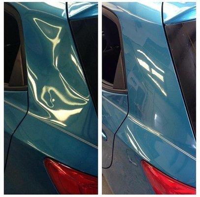 A nasty dent on a Mazda 2, Before and After.....If there is a will there is a way! No Paint or Fill Work was necessary.