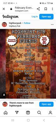 February events at the Highbury Pub.