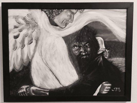 This is my painting of Jacob wrestling the angel. It was perfectly finished, with a custom black frame, by Bruce at the Frame Shop!