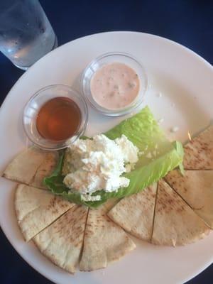 'Goat Cheese Both Ways' w/ pita bread. Delicious!  Came w/ honey and a salsa-cream for dipping.  Goat cheese was thick & fresh!