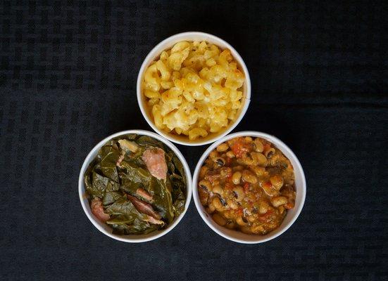 Mac and Cheese, Black Eye Peas and collard greens.