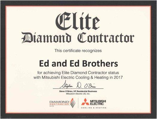 Ed and Ed Brothers - Mitsubishi Elite Diamond Contractor - Certificate - 2017