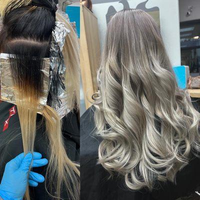 This was an 8 hour triple process!! Her goal: A smoky gray/brown root, melted into a platinum silver blonde!