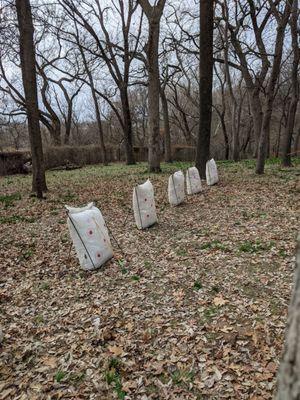 Will-stop targets get the job done. These are old and faded but still work when teaching archery to Scout's.