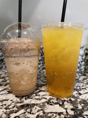 Cinnamon Carmel Vanilla (blended) & a Pineapple Coconut Throttle (Red Bull)