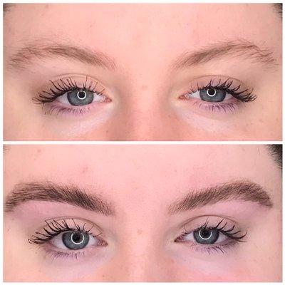 Brow Lamination before & after with a tint! Full brows for 6 - 8 weeks!