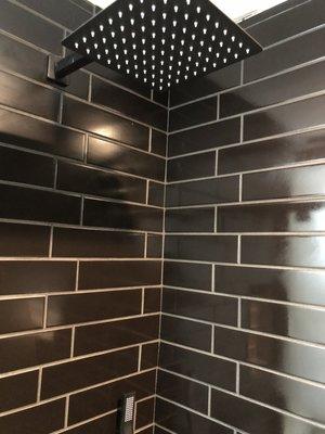 Tiled shower with rainfall shower head