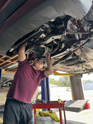 Dodge Challenger undergoing engine repairs