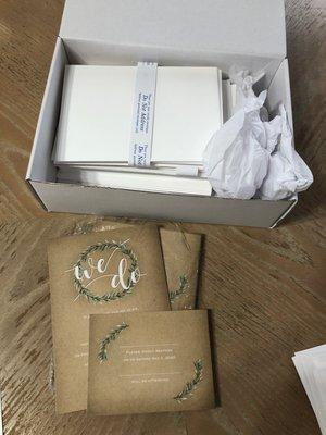 My leftover wedding invitations and envelopes. They were packaged very nicely and look fantastic! I also love the feel of the invitations.