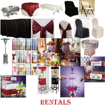 We have chafers, table cloths, chair covers, chairs, tables, overlays, sashes, heater stands, cotton candy machine, and more!!!!