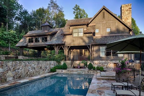 Private Residence at Blackberry Farm; Outdoor spaces include a screened porch & linear swimming pool with crab orchard stone