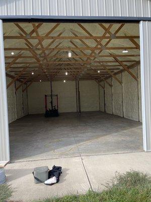 Spray foam on the walls and roof deck of a pole barn in Casstown, Ohio.