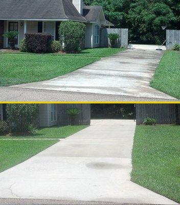 Before and after pressure washing cement driveway