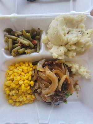 Salsbury steak, green beans,  corn and mash