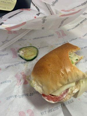 The cucumber that was on the sandwich