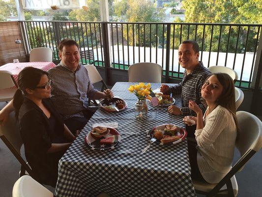 On the terrace overlooking the Hollywood sign