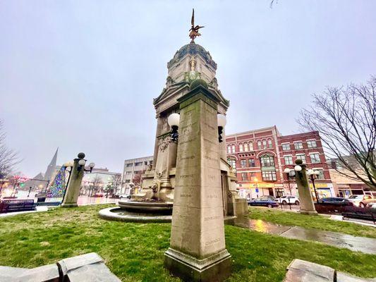 Monuments including civil war monument in Central Park on main st