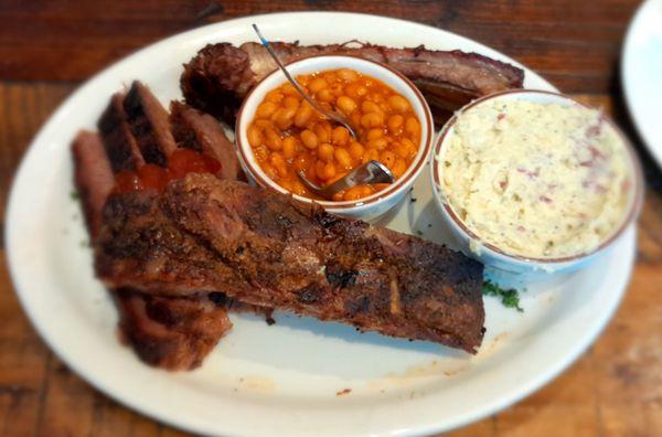 2 beef rib and brisket plate with potato salad and baked beans