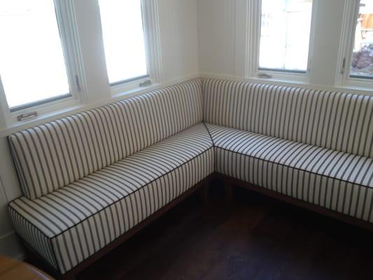 Custom-built banquette with exact pattern match (wood base by other)