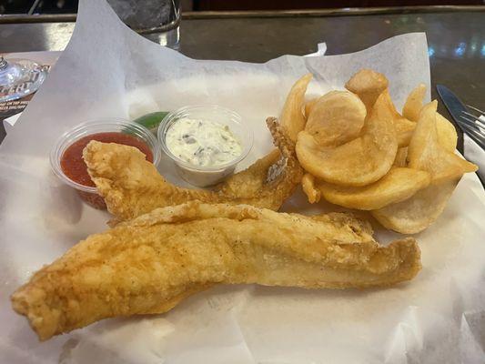 Hand breaded fish and homemade tartar sauce and homemade spicy ketchup!