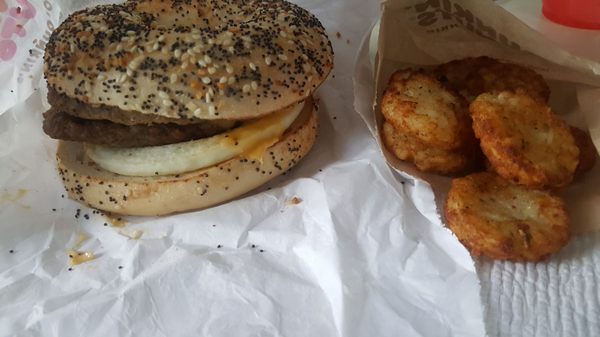 Dbl sausage egg & cheese on an everything bagel w/ hash browns