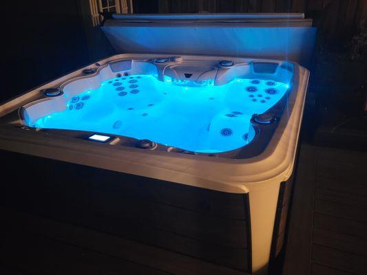 Hot tub at night with the cool lights.