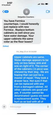 My text describing damage to cabinet under sink, and Delgados reply with suggestion to replace. Never happened..