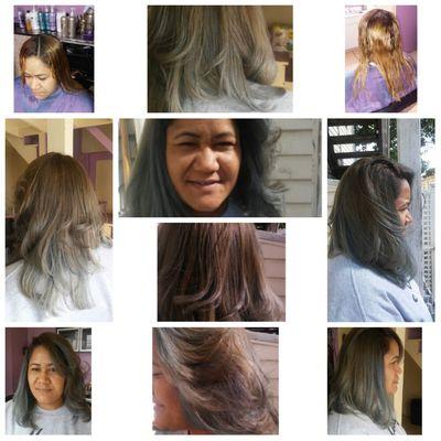 Corrective color from Blonde to Grey highlights.