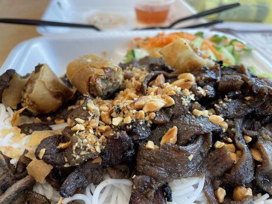 Grilled pork vermicelli rice bowl with egg roll--YUM!