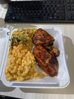 Jerk chicken, macaroni and cheese, salmon rice