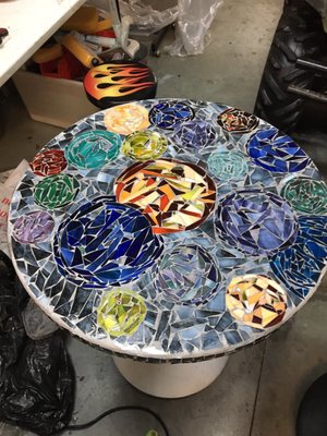 Handcrafted Stained Glass Mosaic Table. 'Will it Go Round in Circles'. SOLD!!