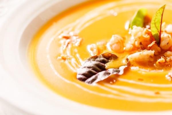 Pumpkin soup with prawns