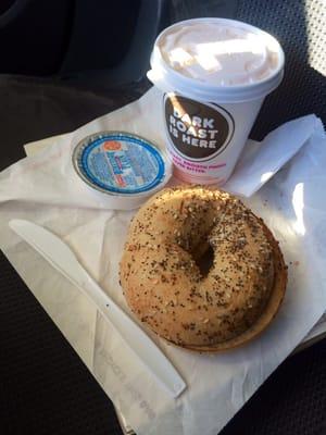 99 cents Dark Roast coffee (promotion is over!) and an Everything Bagel with Reduced Fat Plain Cream Cheese on the side.