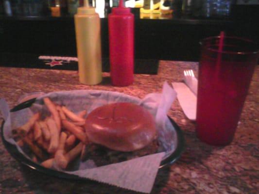 Blue cheese burger and fries, the Sodbuster Bar.