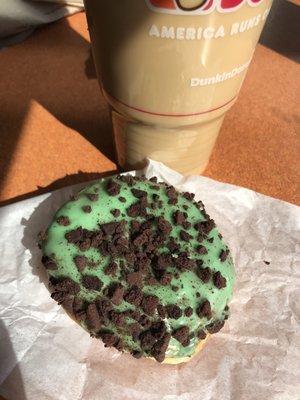 Mint Brownie Donut with caramel swirl iced coffee yummie!