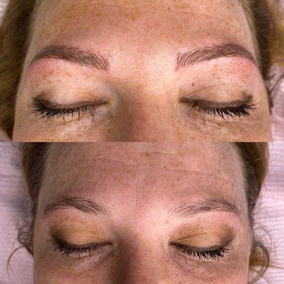 Microblading before (bottom) and after (top)