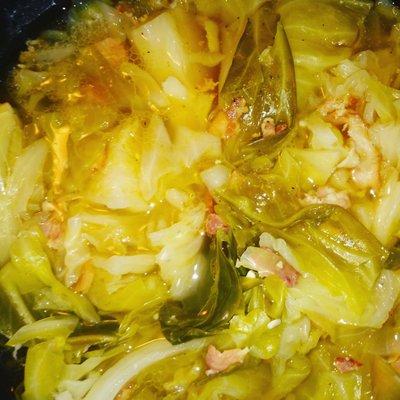 That is a nice healthy pot of cabbage sweet bell peppers seasoning salt garlic and bake it