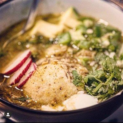 Mimi's Matzo Ball Pozole with all the fixings.