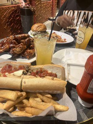 Cheesesteak, Bbq Wings and Cheeseburgera d orange crushes.