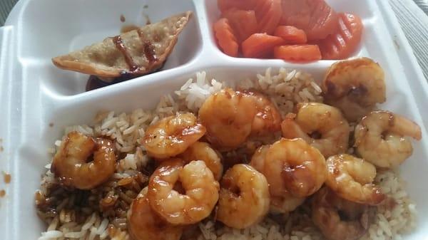 Shrimp Hibachi with Carrots and a Fried Chicken Dumpling