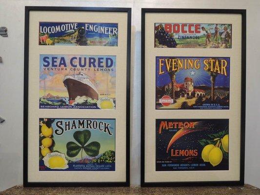 Antique box labels artistically arranged and framed!