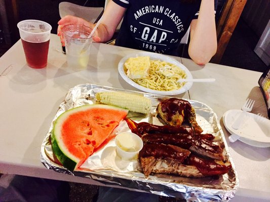 Summertime special: BBQ ribs, BBQ chicken, corn on the cob, and watermelon. Hell of a deal!