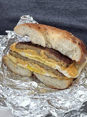 Sausage egg and cheese on everything bagel.