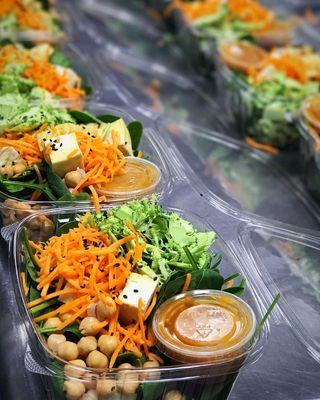 Sesame-Peanut Tofu & Spinach Salad + Broccoli + Shredded Carrots + Chickpeas + Peanut Dressing